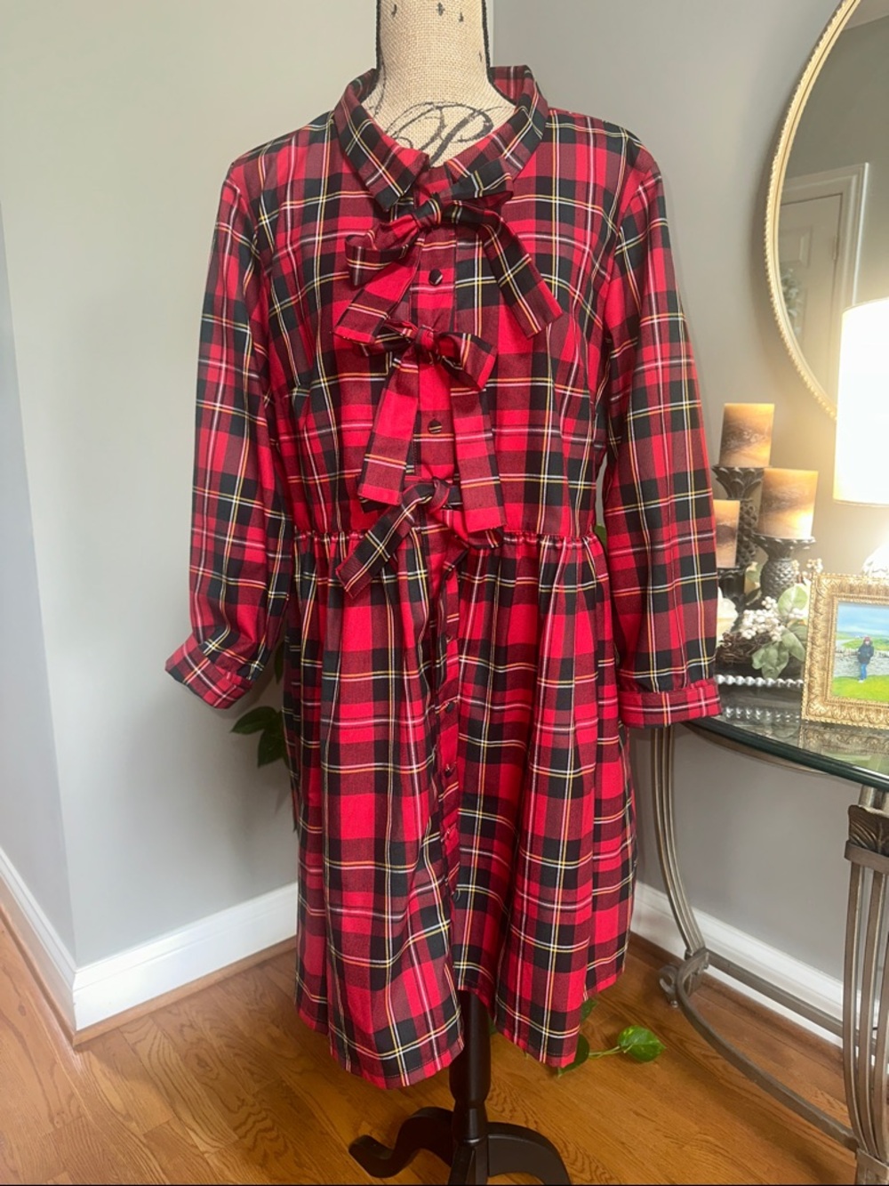 Elizabeth Wilson Red Plaid Bow-Front Mini Button Down Dress NWOT size XXL